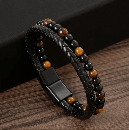 Bracelet vintage pour homme en cuir tressé double couche avec perles en œil de tigre et fermeture magnétique